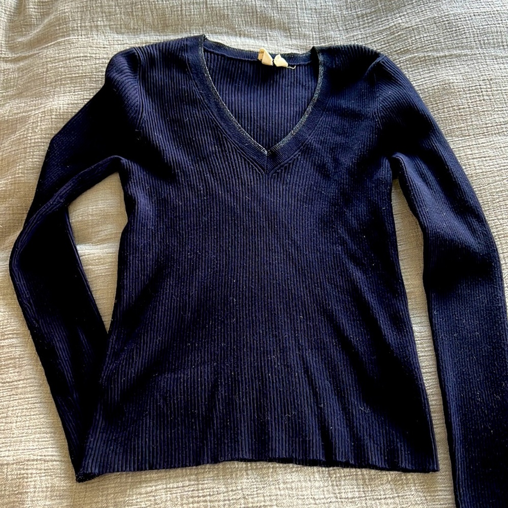 Anthropologie blue ribbed v-neck sweater